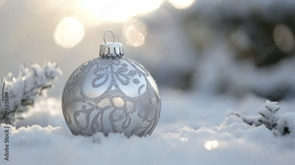 Silver Christmas Ornament Rests in Winter Snow Silver Christmas Ornament Rests in Winter Snow