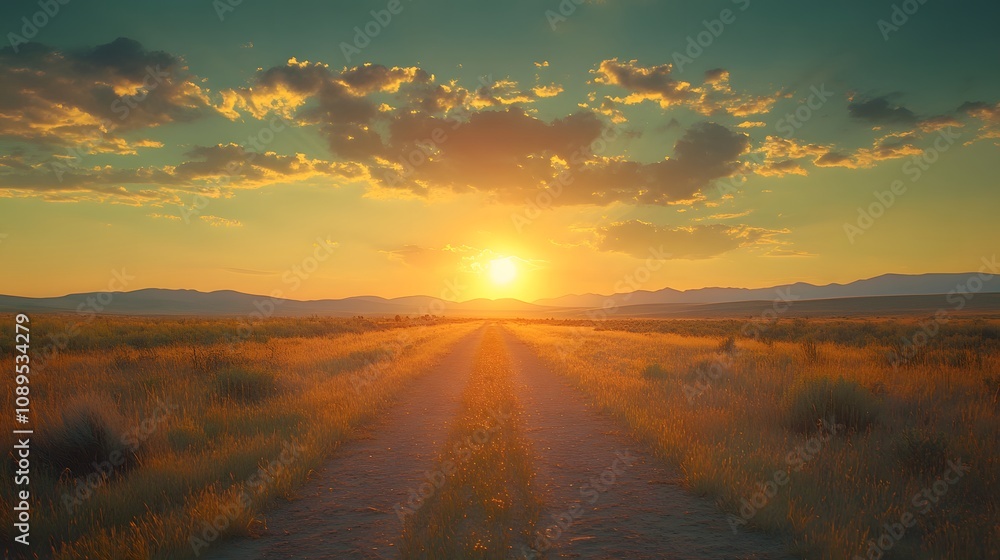 Serene sunset over a quiet road, with golden light illuminating the landscape. Serene sunset over a quiet road, with golden light illuminating the landscape.