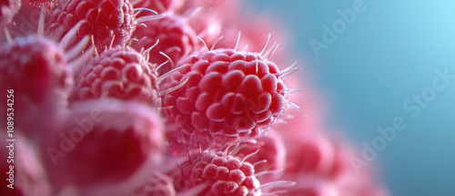 Detailed macro shot of a raspberry's tiny drupelets photo