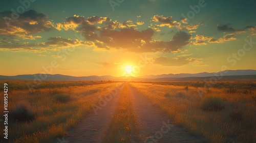 Serene sunset over a quiet road, with golden light illuminating the landscape.