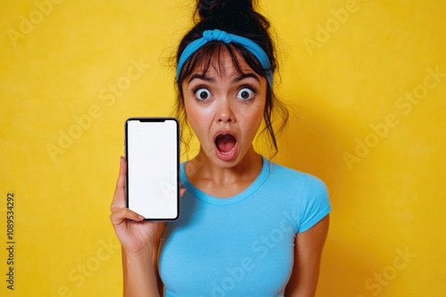 A woman looks surprised while holding up a smartphone, possibly receiving a message or alert