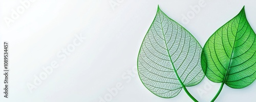 Climate Change Mitigation Policy, Two detailed leaves, one green and lush, the other translucent and delicate, against a simple background, highlighting nature's beauty.