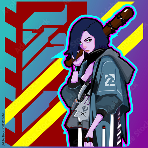 vector cartoon character cyberpunk girl in anime style