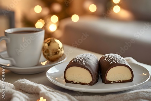 A chocolate-coated marzipan, massepain, cut to reveal almond paste, sits on a white plate beside a mug of hot chocolate on a cozy coffee table with warm lighting photo