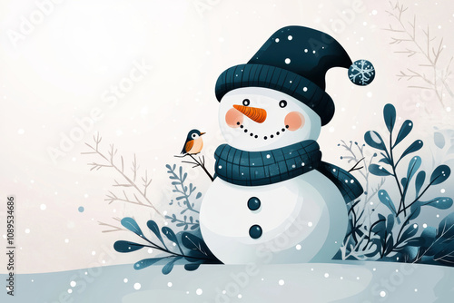 winter doodle art, a delightful doodle of a cheerful snowman with a tiny bird on its hat, amidst gentle snowfall photo