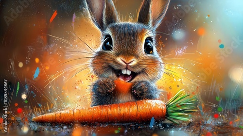  a cute bunny with a carrot in its mouth, set against a colorful background It is a high-definition wallpaper with a resolution of 1920x1080
