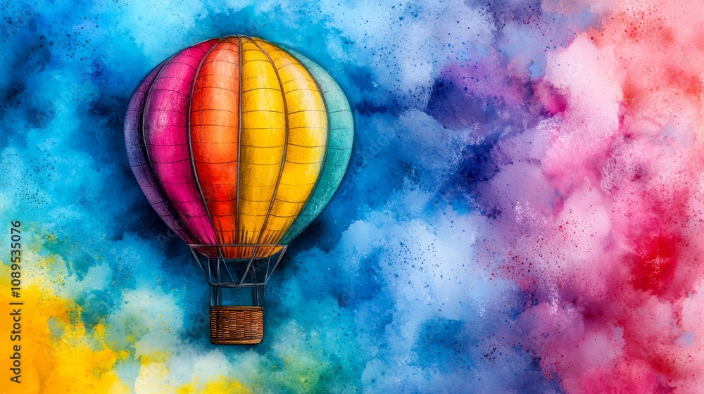 Obraz premium a colorful hot air balloon floating in the sky, with a variety of vibrant colors including blues, greens, yellows, and pinks The balloon is painted in a watercolor