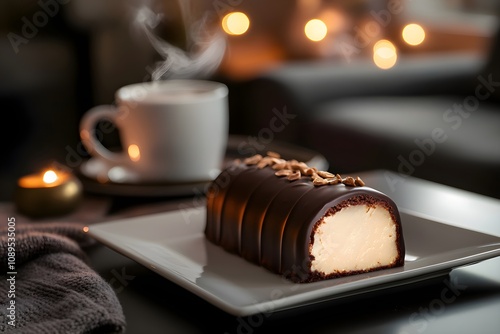 A chocolate-coated marzipan, massepain, cut to reveal almond paste, sits on a white plate beside a mug of hot chocolate on a cozy coffee table with warm lighting photo