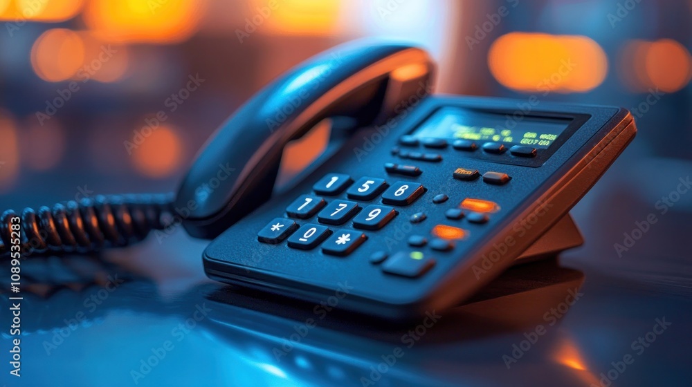 Close-up of a black office phone with a coiled cord on a reflective surface. Close-up of a black office phone with a coiled cord on a reflective surface.