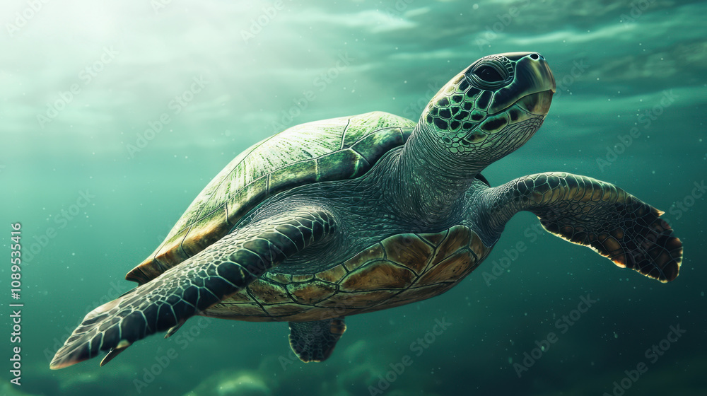 Fototapeta premium climate change pollution resilience. Resilient sea turtle swimming in ocean waters no body