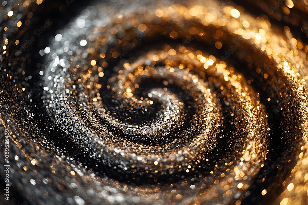 Abstract swirls of gold and silver glitter on a black gradient background