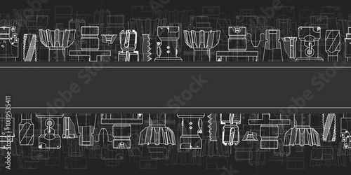 Mechanical engineering drawings on black background. Tap tools, borer. Technical Design. Cover. Blueprint. Seamless pattern. Vector illustration.