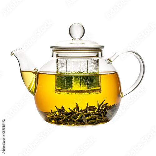 Hot green tea in glass teapot on transparent background