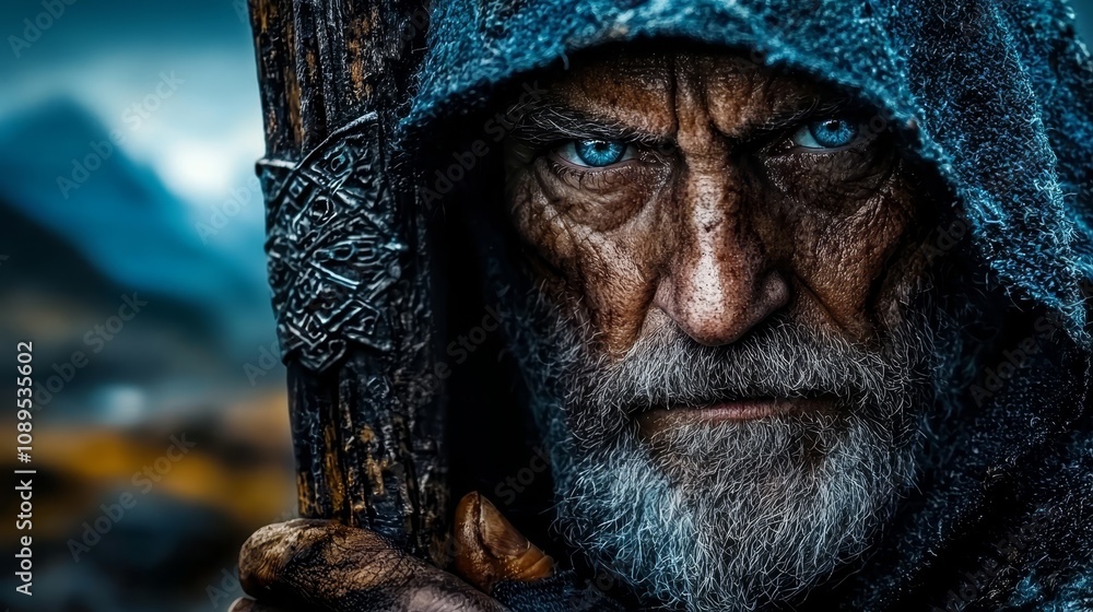 an old man with blue eyes and a beard wearing a hoodie, holding a wooden stick in his hand, with a blurred background an old man with blue eyes and a beard wearing a hoodie, holding a wooden stick in his hand, with a blurred background