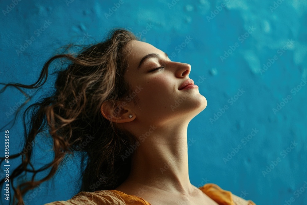 A woman with her eyes closed, enjoying the breeze A woman with her eyes closed, enjoying the breeze