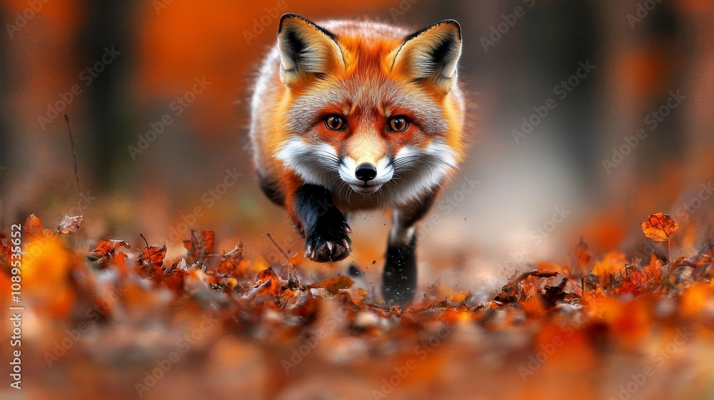 Naklejka premium a red fox running through the leaves in the woods, with a blurred background The fox is surrounded by a variety of autumn leaves, giving the image a warm and cozy