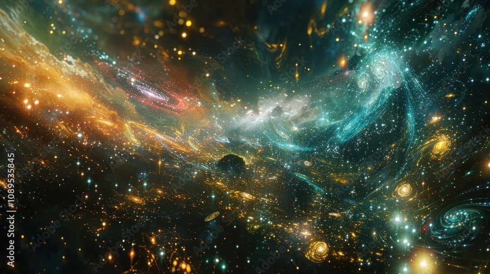 Naklejka premium A cosmic dreamscape with swirling nebulae, glowing stars, and distant planets.