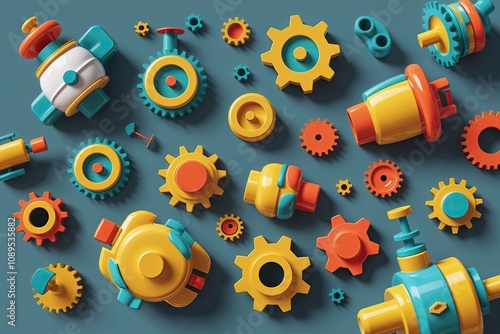 Vibrant 3D Cartoon Artwork Featuring Fun Machine Components and Gears