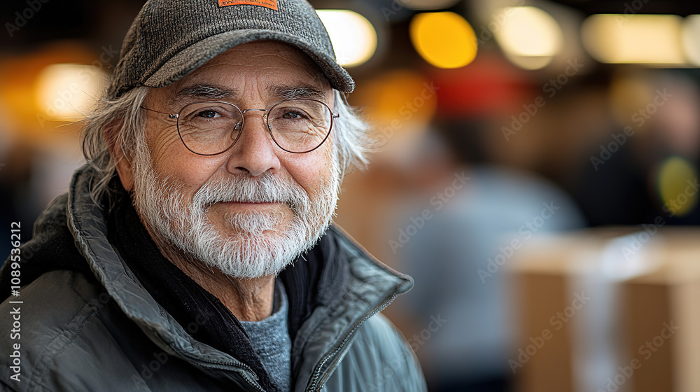 Older man with glasses and a cap smiles warmly at a market during a busy daytime, surrounded by soft, blurred lights. Generative AI Older man with glasses and a cap smiles warmly at a market during a busy daytime, surrounded by soft, blurred lights. Generative AI
