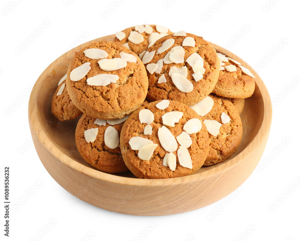 Tasty cookies with almond flakes in bowl isolated on white Tasty cookies with almond flakes in bowl isolated on white