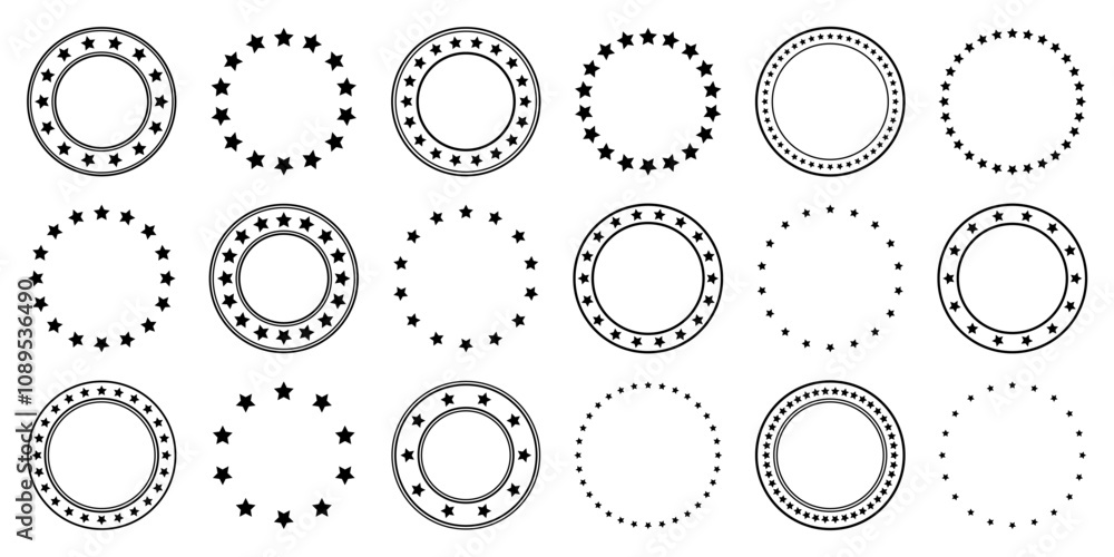Stars of various sizes arranged in a circle. Round frame, border. Black star shape, simple symbol. Vintage logo, logotype design element, ornament. Vector illustration Stars of various sizes arranged in a circle. Round frame, border. Black star shape, simple symbol. Vintage logo, logotype design element, ornament. Vector illustration
