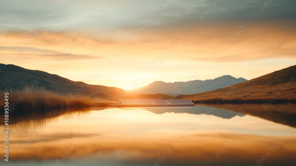 A tranquil landscape featuring a serene lake at sunset, with a person and a dog beside solar panels, This image is ideal for promoting sustainability, outdoor activities, and eco-friendly living, A tranquil landscape featuring a serene lake at sunset, with a person and a dog beside solar panels, This image is ideal for promoting sustainability, outdoor activities, and eco-friendly living,