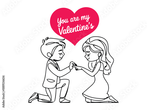 Happy valentines's Day! A continuous line art of a boy on his knees proposing to a girl on a white background. 