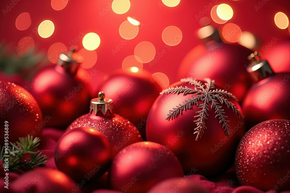 Fototapeta premium Bright Red Christmas Ornaments with Sparkling Lights and Pine Cones, Perfect for Festive Holiday Decorations