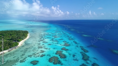 An aerial view of a tropical island surrounded by turquoise waters in the middle of the ocean, suitable for travel or nature-related projects