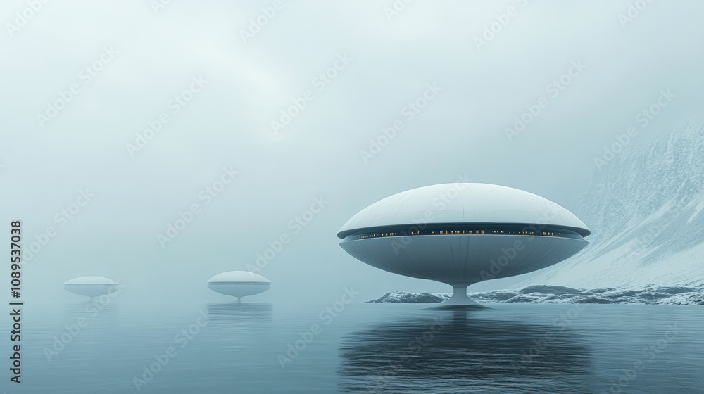 Futuristic floating structures emerge from a tranquil, fog-covered waterway, surrounded by icy cliffs, This image is ideal for themes of technology, exploration, and science fiction storytelling, Futuristic floating structures emerge from a tranquil, fog-covered waterway, surrounded by icy cliffs, This image is ideal for themes of technology, exploration, and science fiction storytelling,