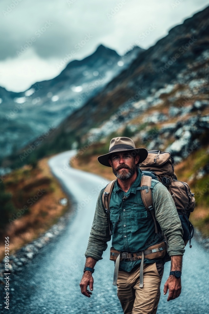 A person carrying a backpack walks along a road, great for travel or adventure themes A person carrying a backpack walks along a road, great for travel or adventure themes