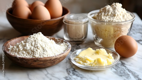 A beautiful arrangement of baking ingredients: eggs, flour, butter, and yeast.