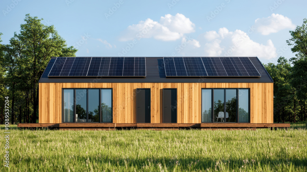 climate change global warming mitigation. Eco friendly solar powered home in green field no body climate change global warming mitigation. Eco friendly solar powered home in green field no body