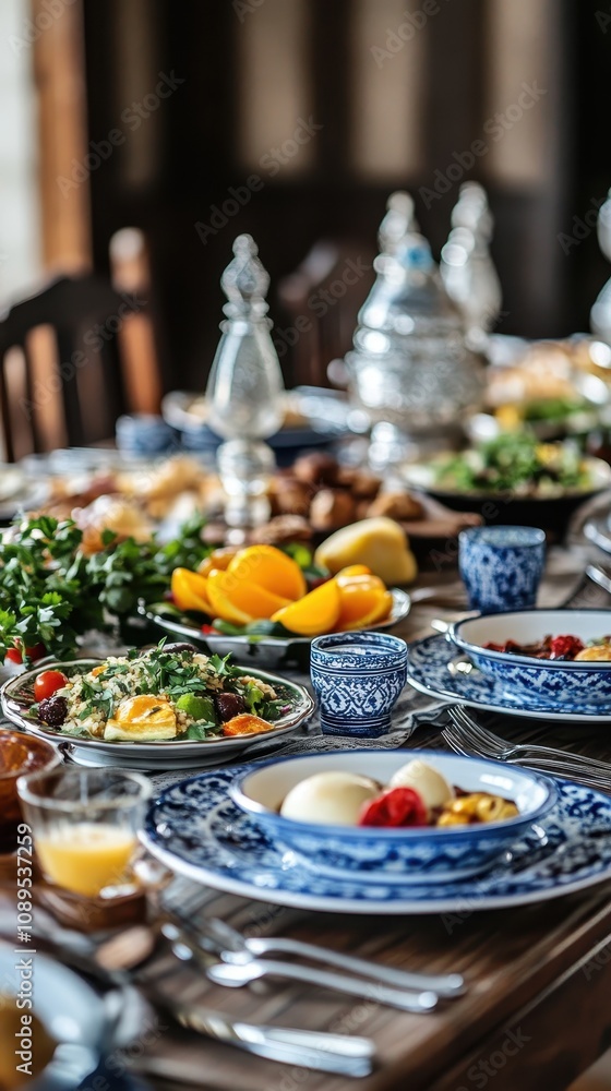 Fototapeta premium A stunning dining table showcases traditional dishes for a vibrant Eid al-Fitr celebration