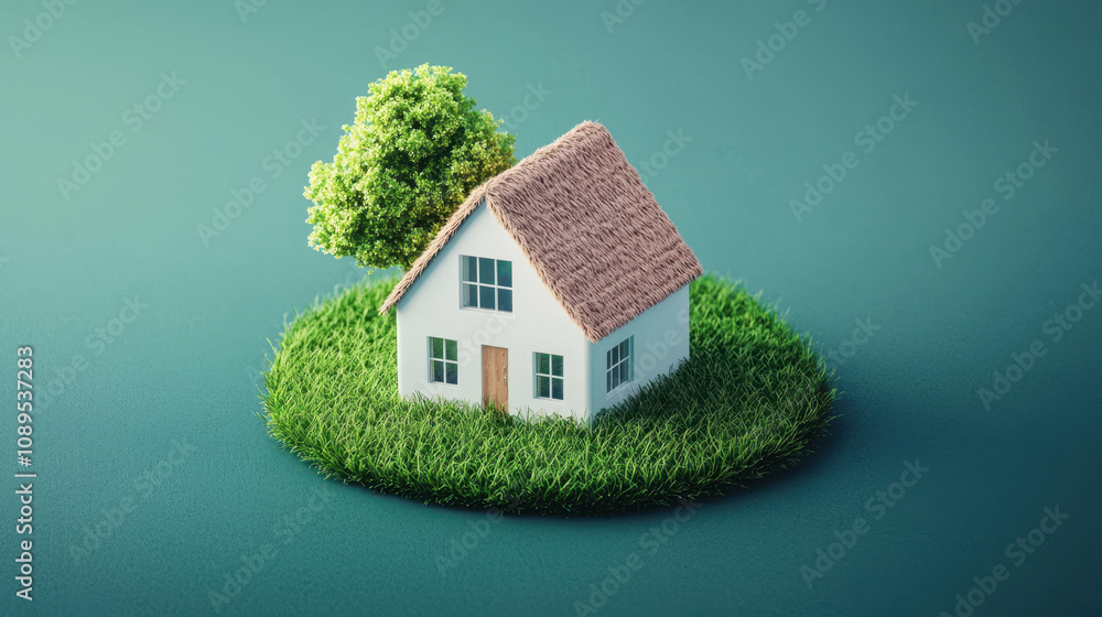 climate change global warming mitigation. Miniature house with tree on green grass no body climate change global warming mitigation. Miniature house with tree on green grass no body