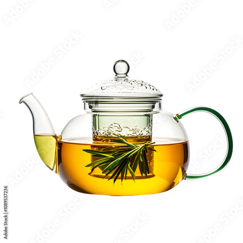 Hot green tea in glass teapot on transparent background