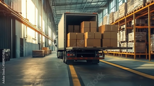 A truck unloading boxes from the back, ready for delivery in an industrial warehouse setting photo