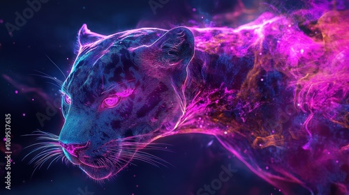 A vibrant, ethereal depiction of a panther with cosmic colors and glowing effects.