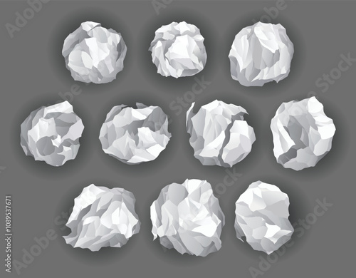Crumpled paper balls icon set. Mistake in document or realistic wrinkled page. Realistic garbage, bad idea symbols. Crushed paper after brainstorming. Vector illustration isolated on gray background