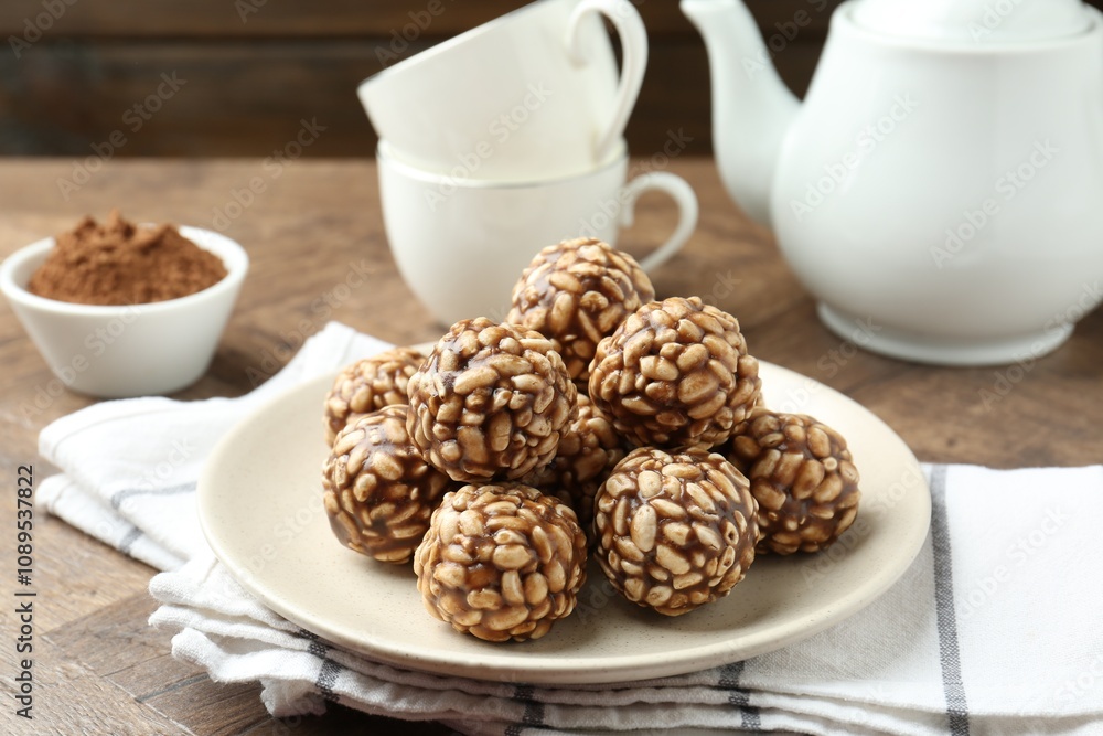 Tasty chocolate puffed rice balls served on wooden table, closeup Tasty chocolate puffed rice balls served on wooden table, closeup