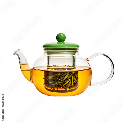 Hot green tea in glass teapot on transparent background