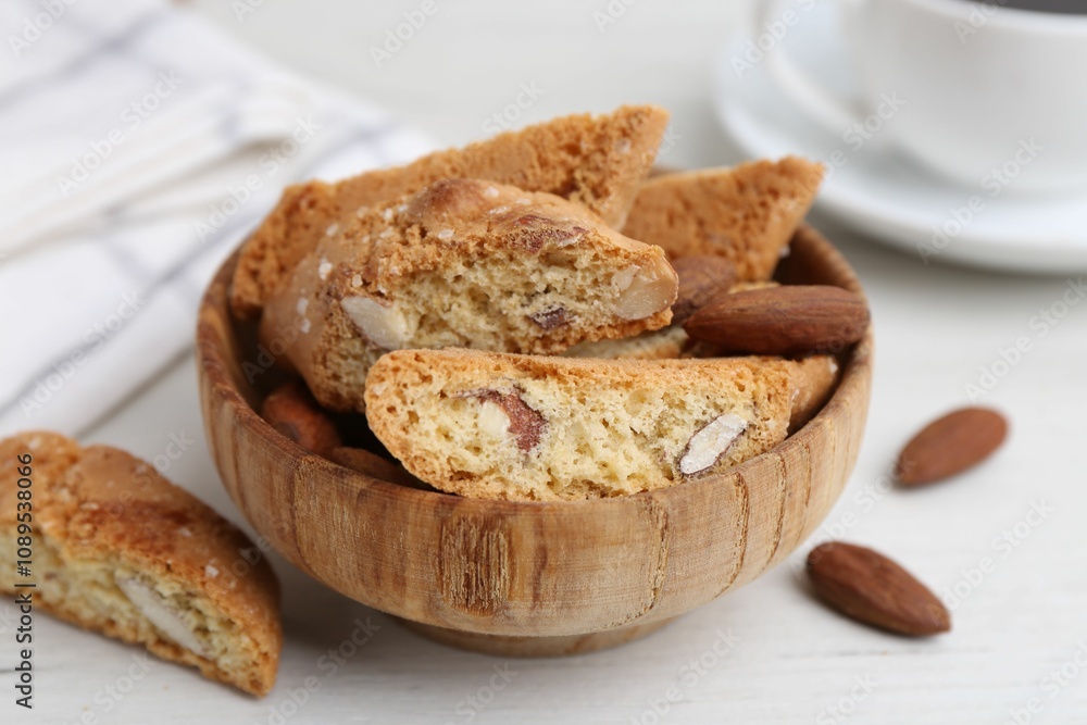 Tasty almond biscuits (Cantuccini) and nuts in bowl on white wooden table, closeup Tasty almond biscuits (Cantuccini) and nuts in bowl on white wooden table, closeup