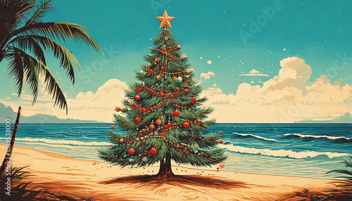 a vintage inspired poster featuring a Christmas tree at a tropical beach