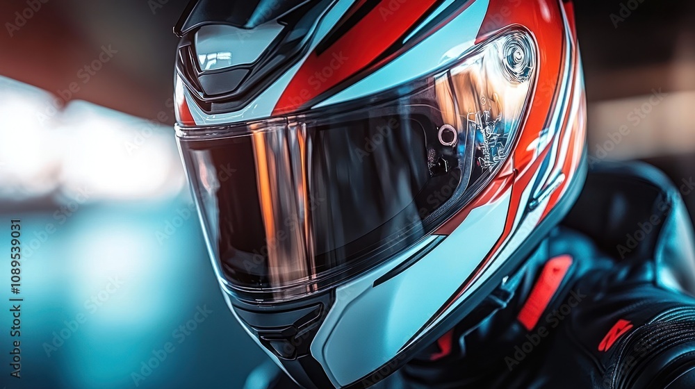 Close-up of a rider's red and white motorcycle helmet. Close-up of a rider's red and white motorcycle helmet.