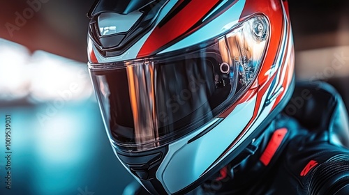 Close-up of a rider's red and white motorcycle helmet. photo