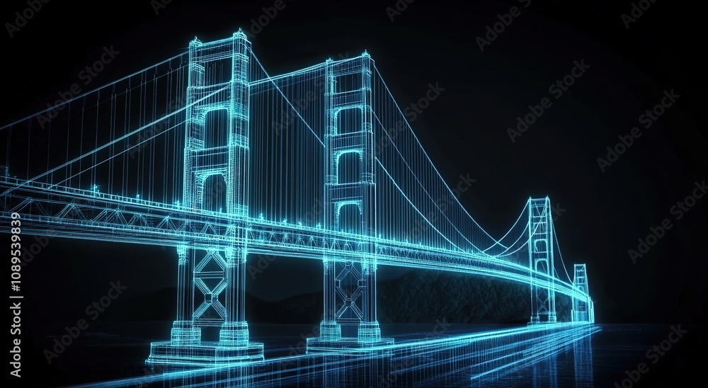 Fototapeta premium The Golden Gate Bridge is depicted in a holographic projection