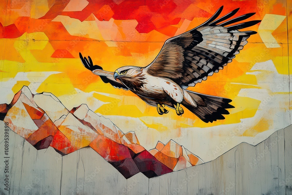 Naklejka premium A graffiti of a hawk soaring over mountains, with vibrant orange and yellow skies blending into abstract shapes.