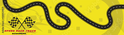 Creative vector illusion of race track isolated on yellow background. Speed race track background design with sport car.