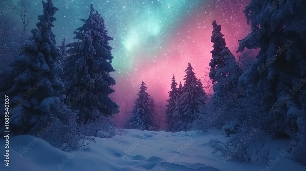A winter forest scene with the aurora casting colors on the white snow, creating an enchanting atmosphere A winter forest scene with the aurora casting colors on the white snow, creating an enchanting atmosphere