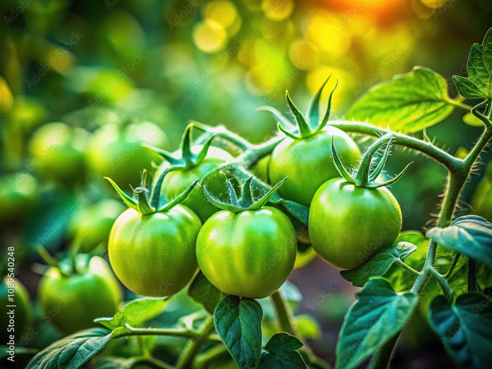 A miniature world unfolds in a vibrant garden, where tiny green tomatoes gleam under tilt-shift focus. A miniature world unfolds in a vibrant garden, where tiny green tomatoes gleam under tilt-shift focus.